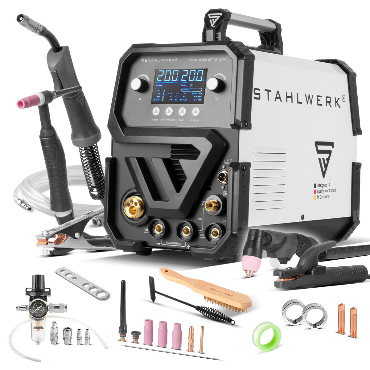 STAHLWERK combination welding machine CTM-250 ST Digital 5-in-1 inert gas welding machine | Inverter with 200 A, synergic wire feed and integrated 50 A plasma cutter CUT | TIG | MIG MAG | MMA | FLUX