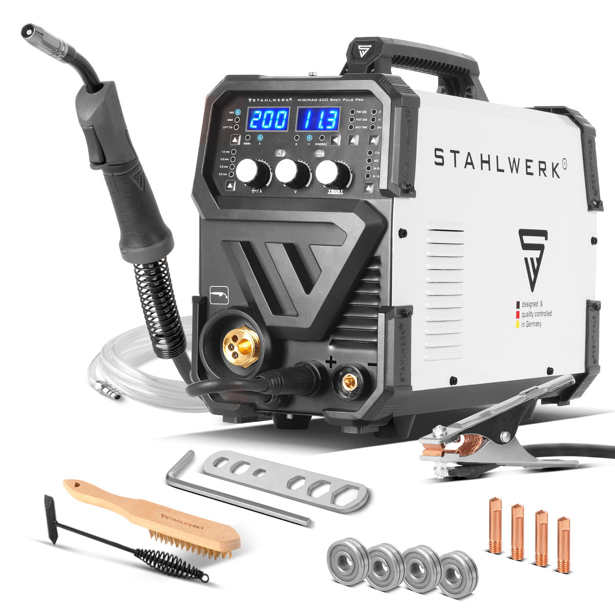 STAHLWERK welding machine MIG MAG 200 Spot Puls Pro, fully synergic IGBT inverter, 5 in 1 combination device with spot function and 200 amps, aluminum | cored wire | MIG MAG | ARC MMA | Lift TIG | pulse