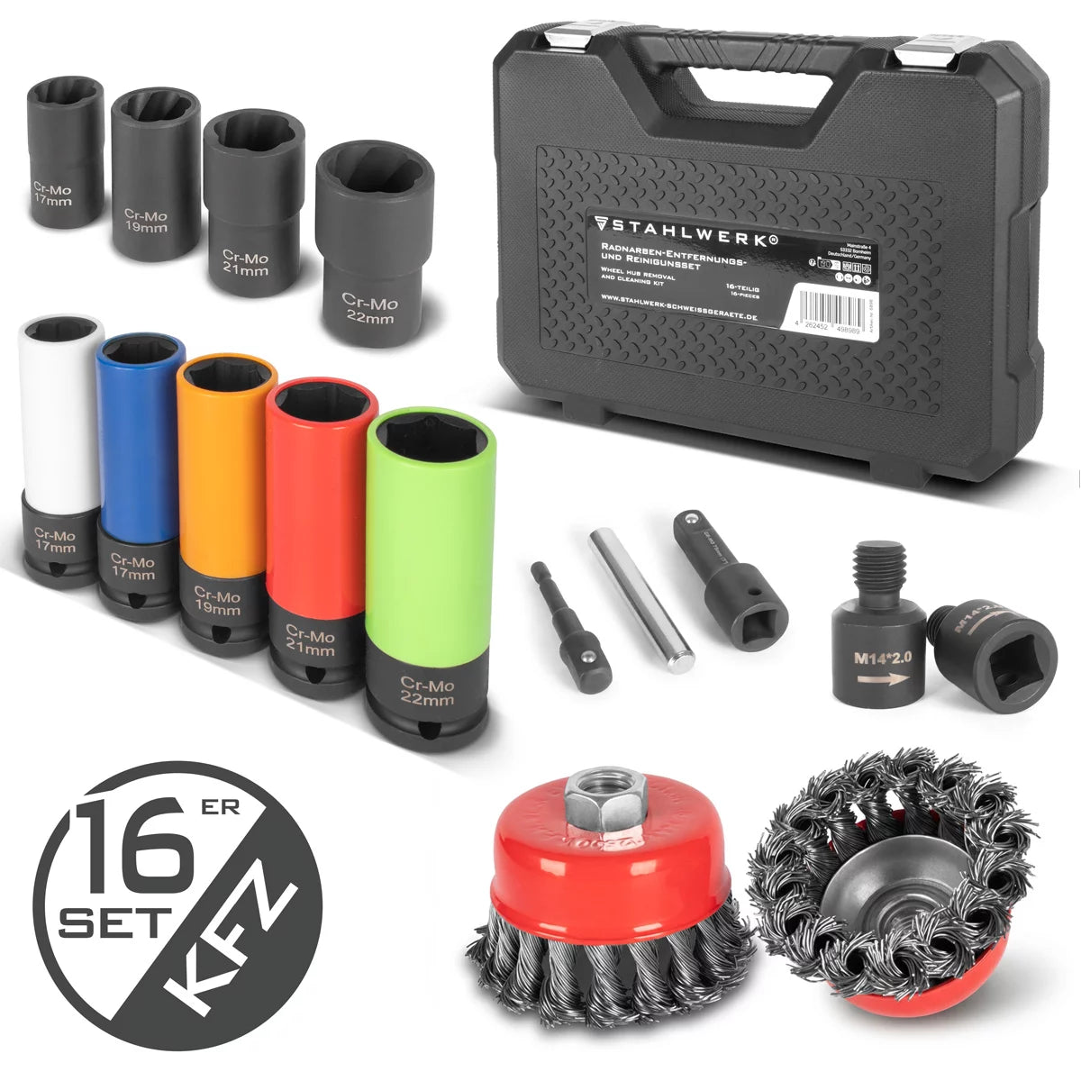 STAHLWERK Radnaben-Demontage- und Reinigungs-Set | 16-teilig | 4 Ausdrehnüsse | 5 Schonnüsse | 1/2" Antrieb | 17–22 mm | 2 Topfbürsten 65/75 mm mit Adapter M14 x 2 | Verlängerung | 12 mm Durchschlag