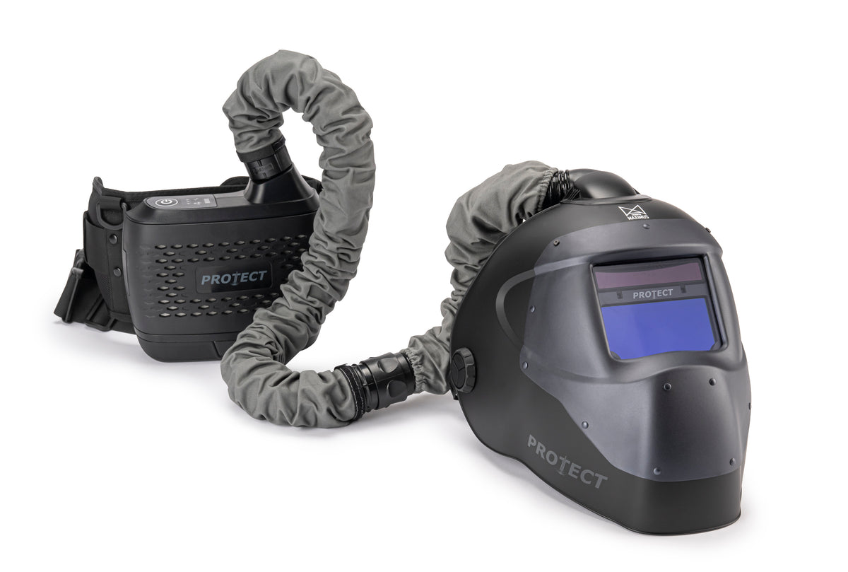 Laser-Schweisshelm MAXIMUS Trooper Air, Schweisshelm mit Frischluftzufuhr | PAPR-System, mit permanentem Laserschutz und zuschaltbarem, automatischem Blendschutz (ADF), ultraleicht
