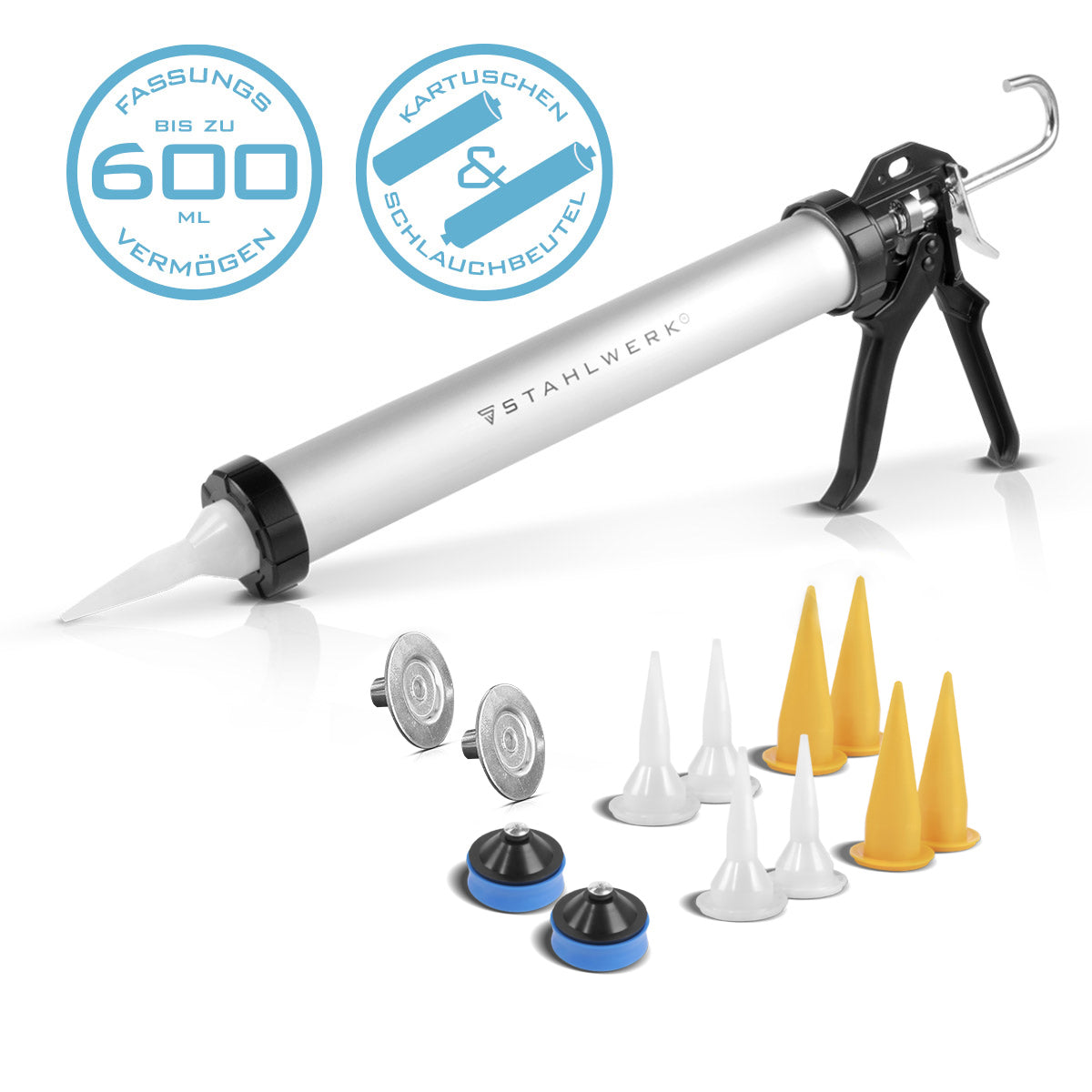 STAHLWERK Silikonpistole SP-600 ST 600 ml Kartuschenpresse / Kartuschenpistole aus stabilem Aluminium für Kartuschen und Beutel zum Silikonieren und Aufbringen von Kleb- und Dichtstoffen