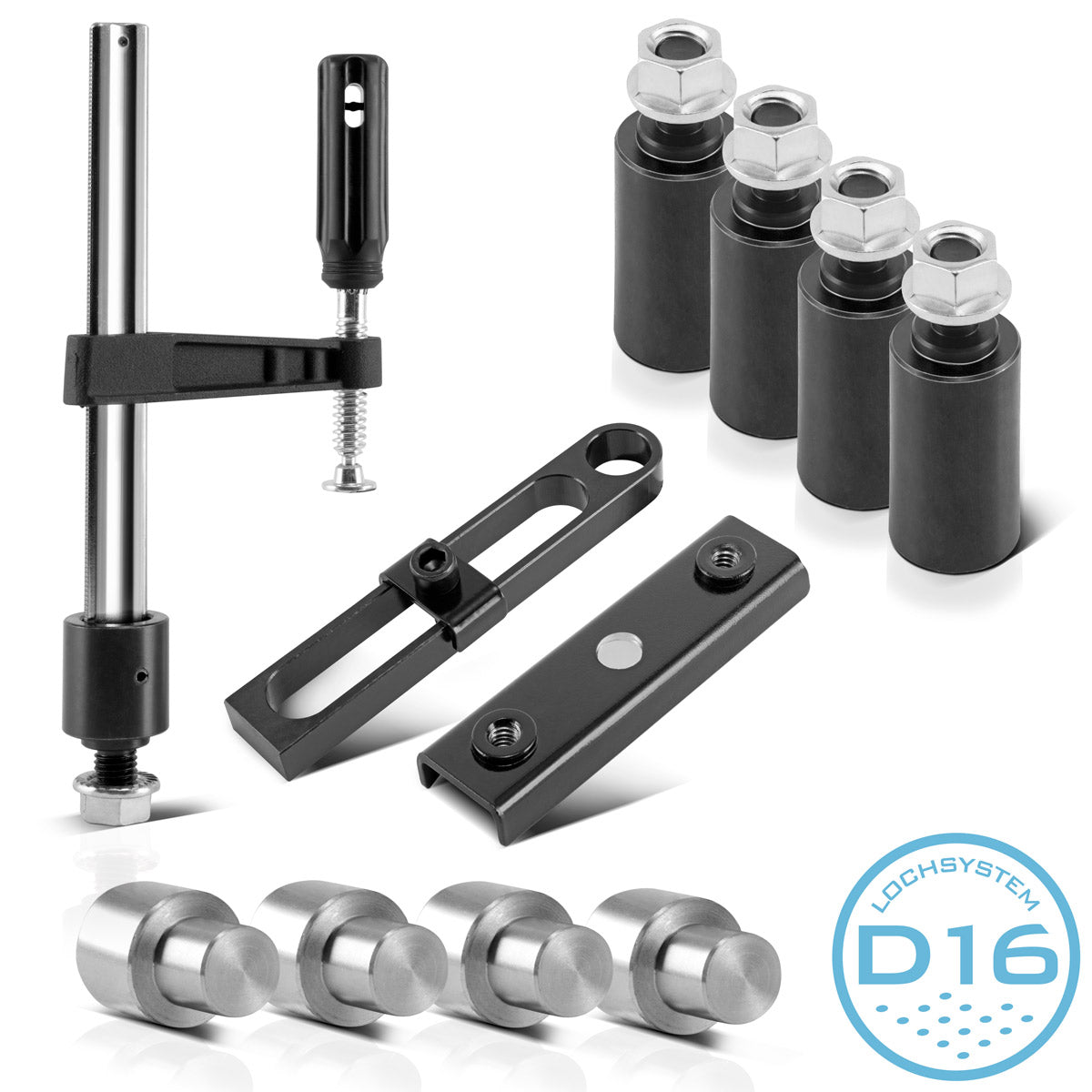 STAHLWERK D16 welding table accessories set with variable stop, screw clamp, stop bolt with lift-off protection and clamping bolt for the D16 system