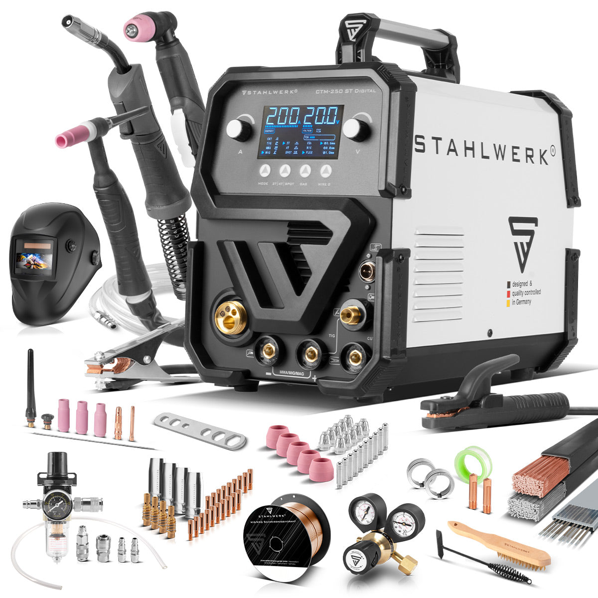 STAHLWERK combination welding machine CTM-250 ST Digital fully equipped 5-in-1 inert gas welding machine | Inverter with 200 A, synergic wire feed and integrated 50 A plasma cutter CUT | TIG