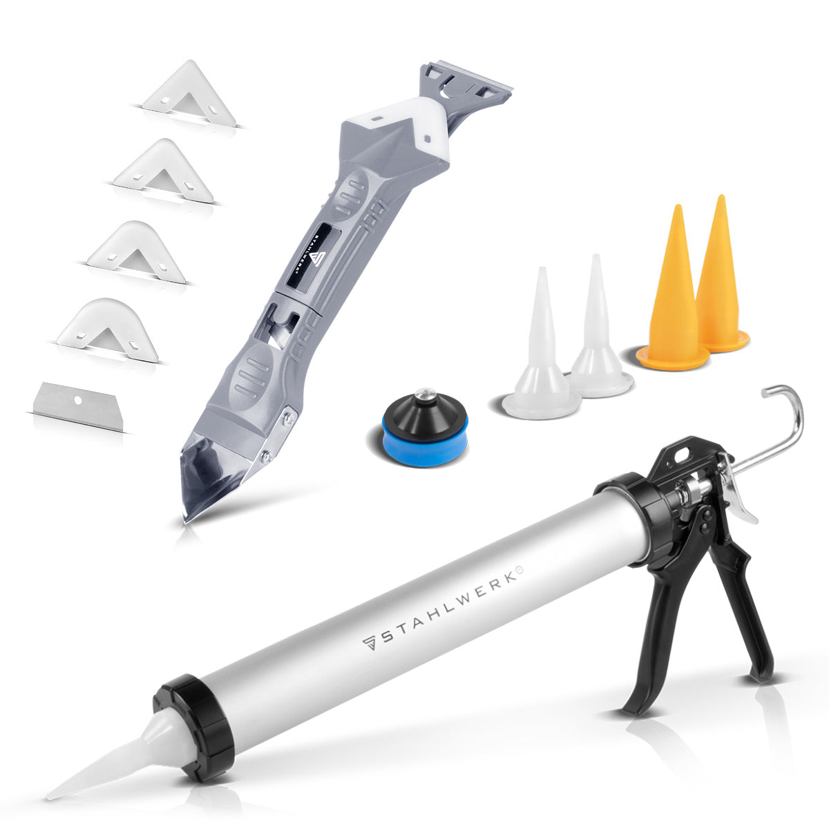 STAHLWERK Silikon-Pistole SP-600 ST mit Silikon-Spachtel 600 ml Aluminium-Kartuschenpresse | Kartuschenpistole inklusive Silikon-Schaber | Fugenabzieher | Fugenglätter | Silikon-Entferner