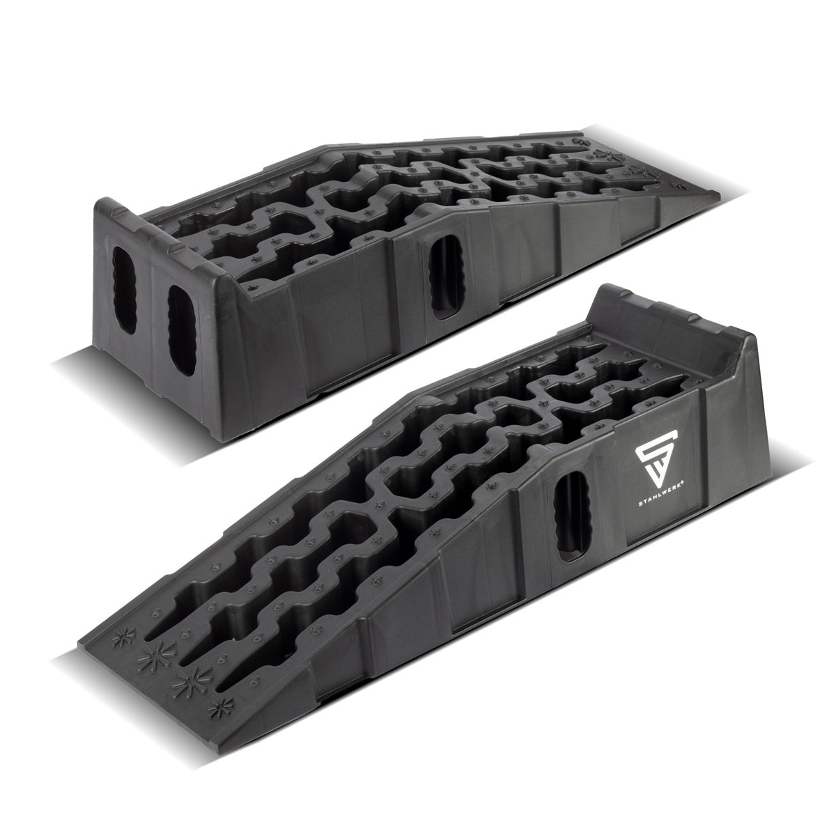 Cuneo per gradini STAHLWERK GT-15 ST set da 2 con portata di 6 t Cuneo carrabile 905 x 330 x 215 mm | Cunei da ruota | Rampa di accesso | Rampa | Cuneo di compensazione per camper, roulotte, roulotte o rimorchio