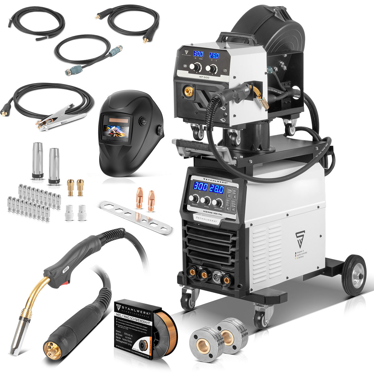 STAHLWERK welding machine MIG MAG 300 Pro fully equipped fully synergic IGBT inverter with 300 A and pulse function 3-in-1 combination welding system MIG MAG | MMA | Lift TIG