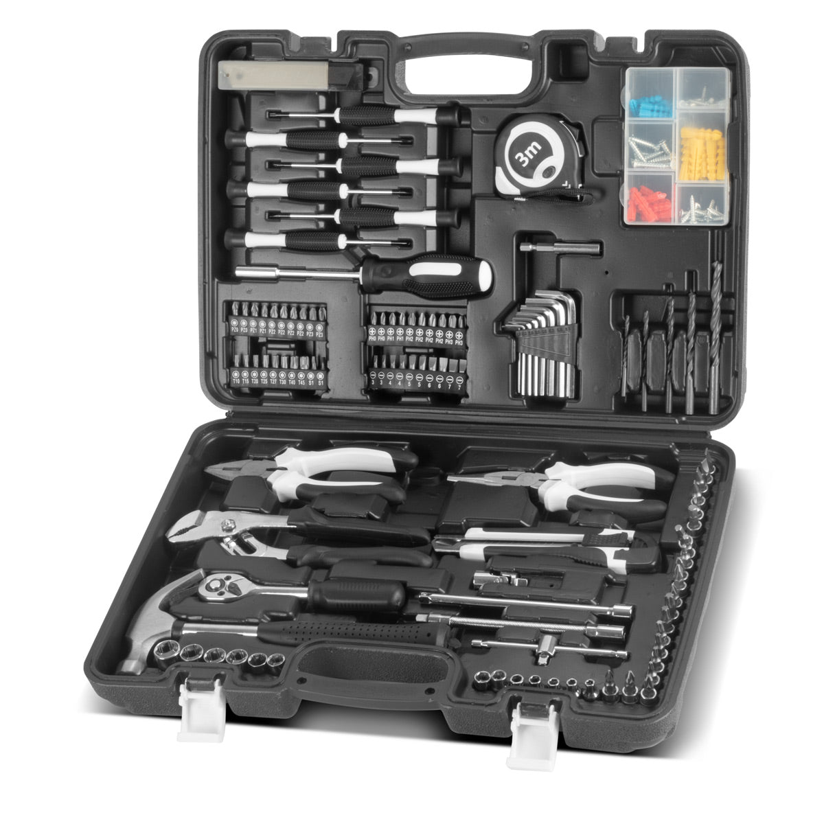 STAHLWERK Set fai da te HTS-109 ST valigetta portautensili | Cassetta degli attrezzi | Cassetta degli attrezzi con set di attrezzi da 108 pezzi composto da cacciaviti, chiavi a bussola, pinze, martello, metro a nastro, set di punte e accessori