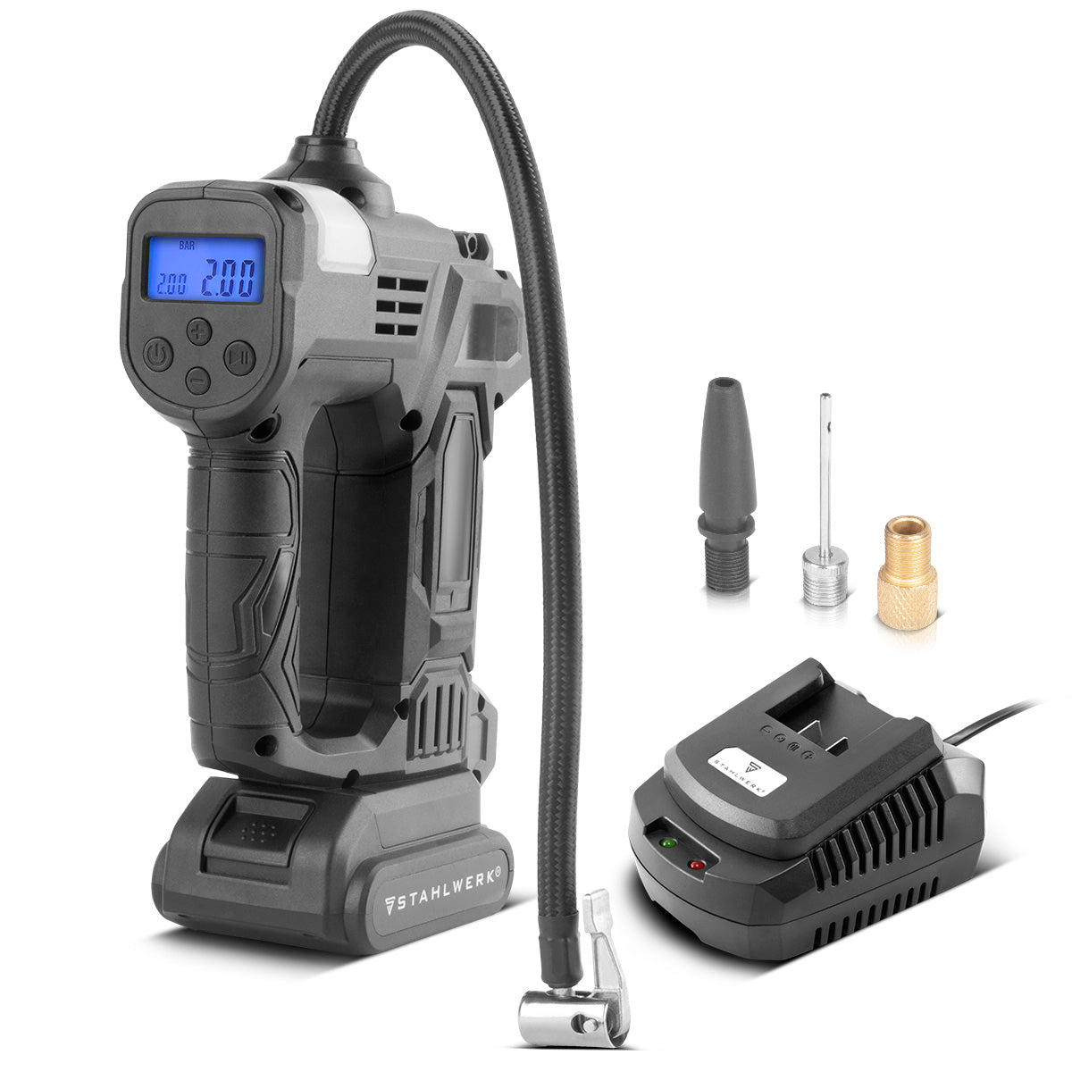 STAHLWERK Akku-Druckluftkompressor ADK-20 ST | 72 Watt Leistung und 2 Ah Akku | Mini-Kompressor zum Aufpumpen von Reifen, Bällen | Elektrische Luftpumpe mit Digitalanzeige und Beleuchtung | Luftkompressor