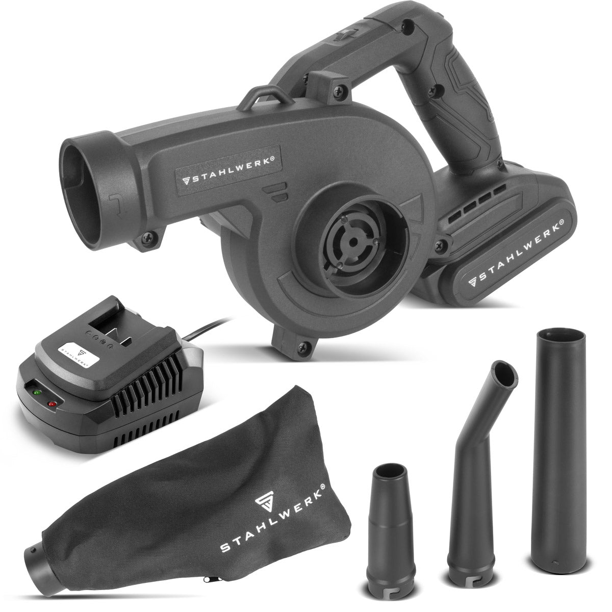 STAHLWERK mini battery blower MAG-20 ST | 20 volt cordless leaf blower with 2Ah | Portable universal blower for garden and street cleaning | Brushless leaf vacuum Compact blower 98 m/s | 0 - 18,000 rpm