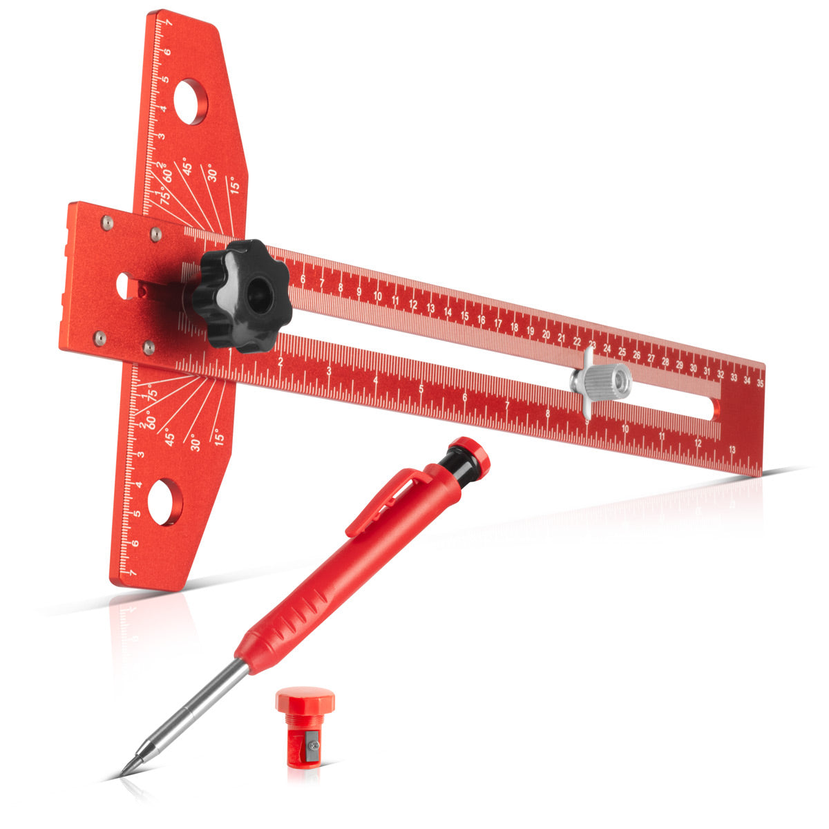 STAHLWERK angle marking ruler made of aluminum with stop and marking pen marking gauge | Marking gauge | Marking ruler | Marking rule for scribing, marking and drawing