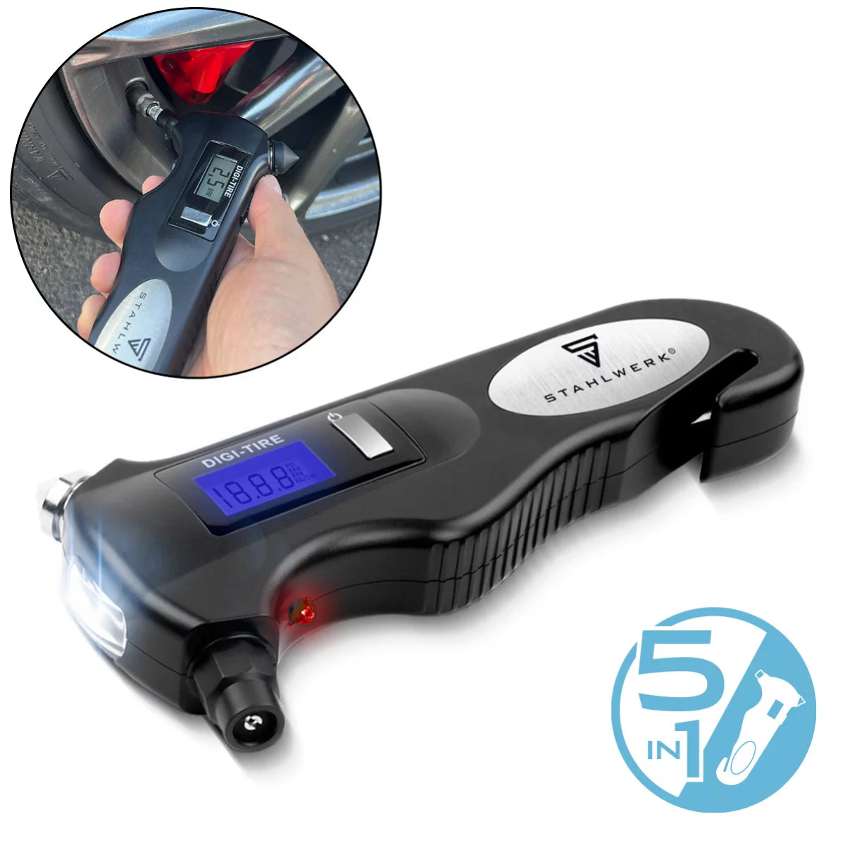 STAHLWERK 5-in-1 tire pressure gauge with LED light | Digital Air Pressure Gauge | Belt cutter | Emergency hammer | Work light | Multifunctional air pressure gauge for cars, bicycles, cars