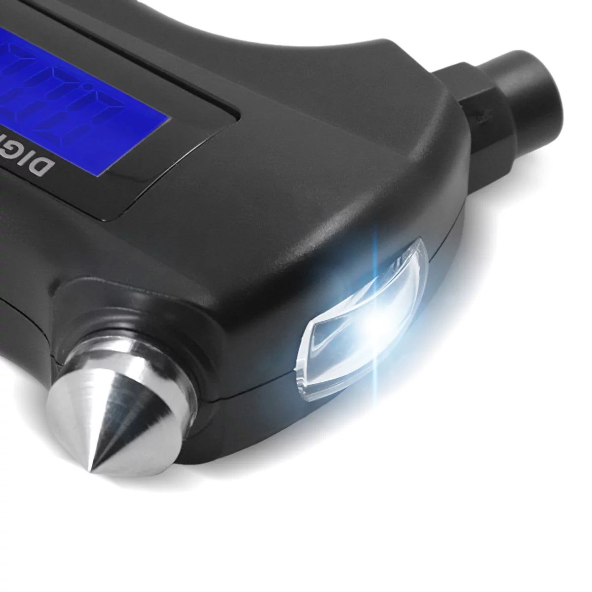 STAHLWERK 5-in-1 Reifendruckprüfer mit LED-Licht | Digitaler Luftdruckprüfer | Gurtschneider | Notfallhammer | Arbeitsleuchte | Multifunktionales Luftdruckmessgerät für PKW, Fahrrad, Auto