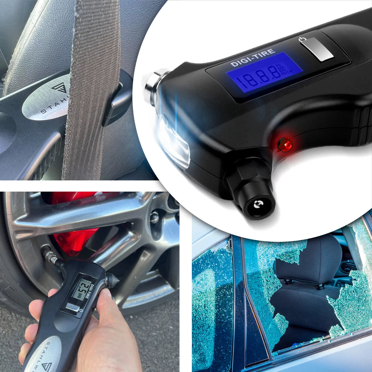 STAHLWERK 5-in-1 Reifendruckprüfer mit LED-Licht | Digitaler Luftdruckprüfer | Gurtschneider | Notfallhammer | Arbeitsleuchte | Multifunktionales Luftdruckmessgerät für PKW, Fahrrad, Auto