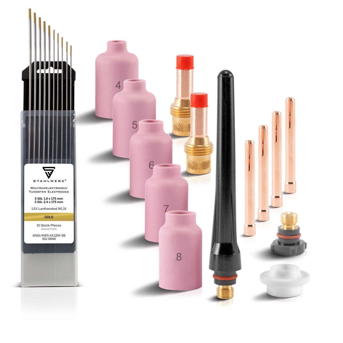 STAHLWERK Kit d'accessoires de soudage pour lentilles à gaz TIG 24 pièces avec manchons de serrage + buses en céramique + électrodes en tungstène, pièces d'usure pour torche de soudage TIG WP-26