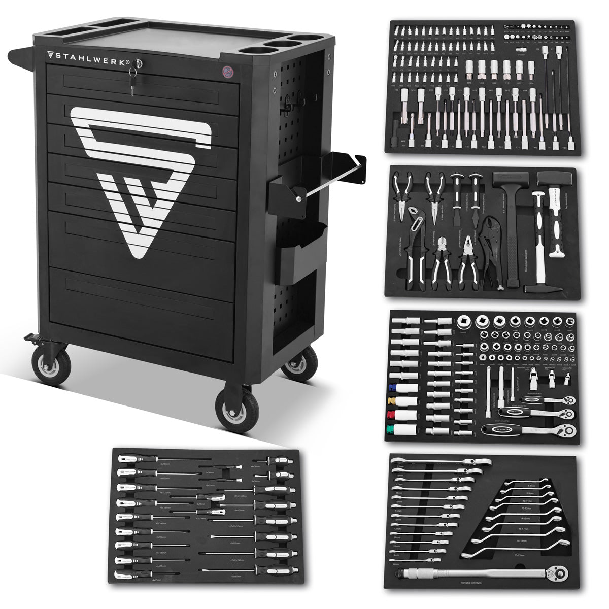 STAHLWERK workshop trolley SHARK equipped with 235 premium tools made of chrome vanadium lockable tool trolley | Professional assembly trolley with 7 drawers and rubberized long-life wheels