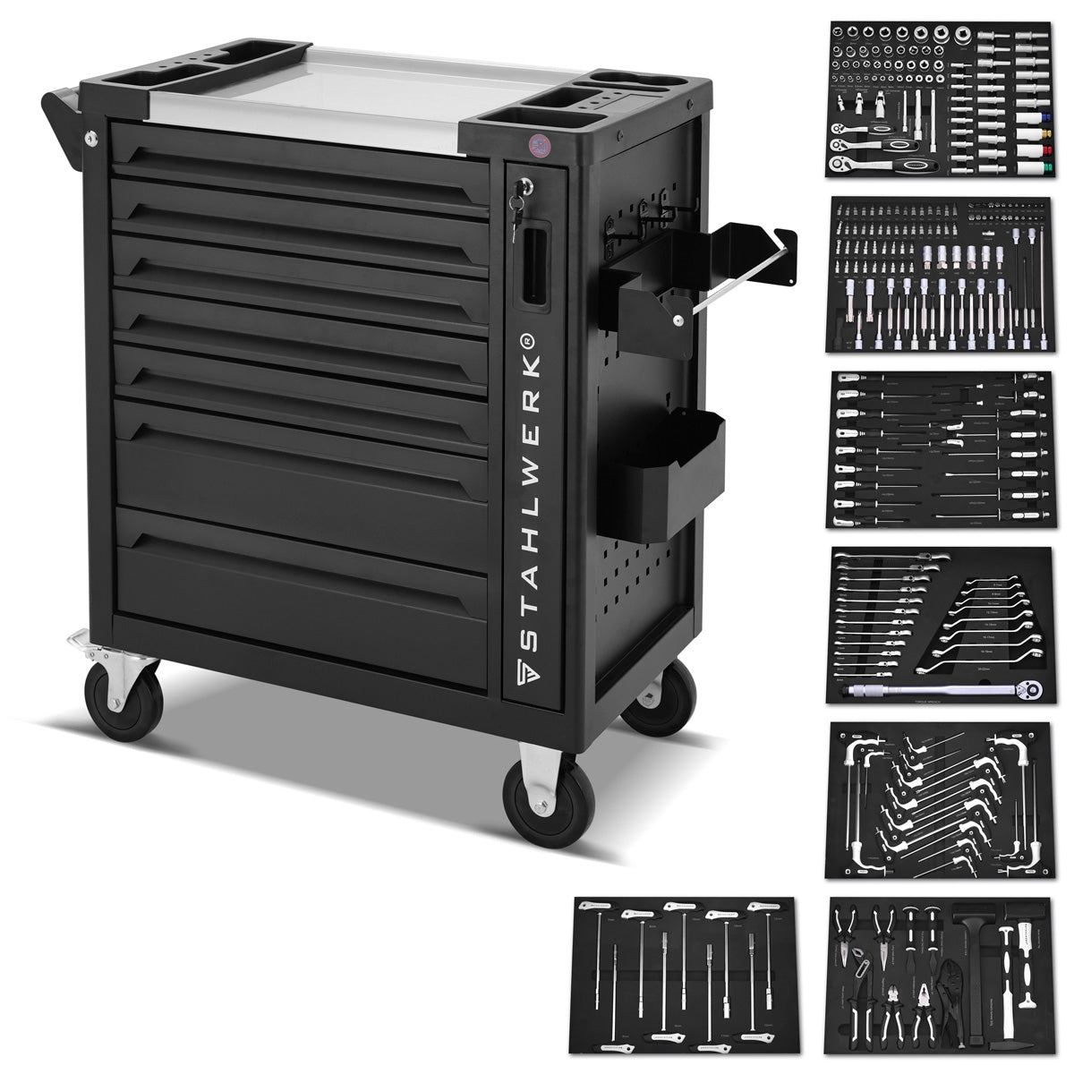 STAHLWERK PHOENIX workshop trolley equipped with 262 premium tools made of chrome vanadium lockable tool trolley | Professional assembly trolley with 7 drawers, side pull-out and rubberized long-life wheels