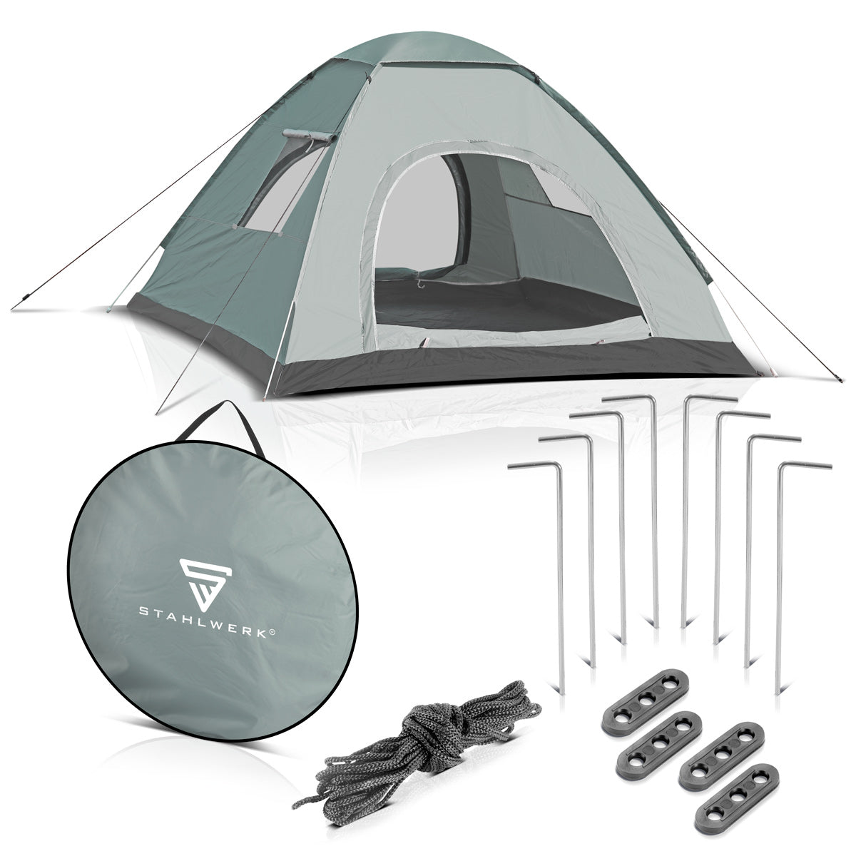 STAHLWERK camping tent Z-200 ST 200 x 200 cm self-assembly pop-up tent | Pop-up tent | Igloo tent | folding tent | Dome tent | Trekking tent | Tent for 2-3 people including transport bag