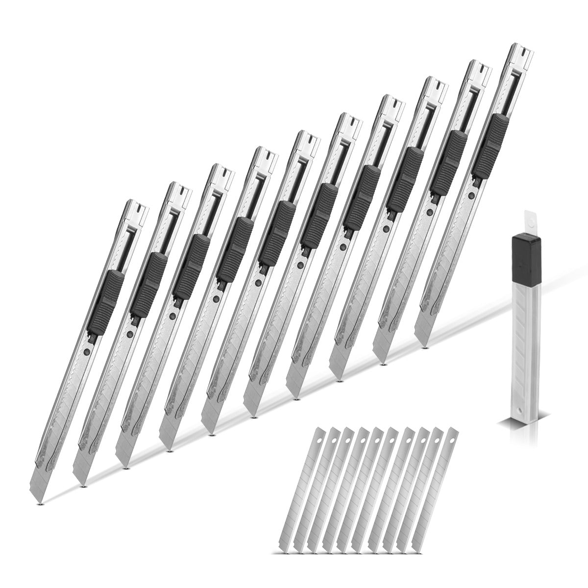 STAHLWERK cutter knife set of 10 with 9 mm snap-off blades made of break-resistant carbon steel, precise cutter | Carpet knife | Safety knife | Parcel knife | Box cutter