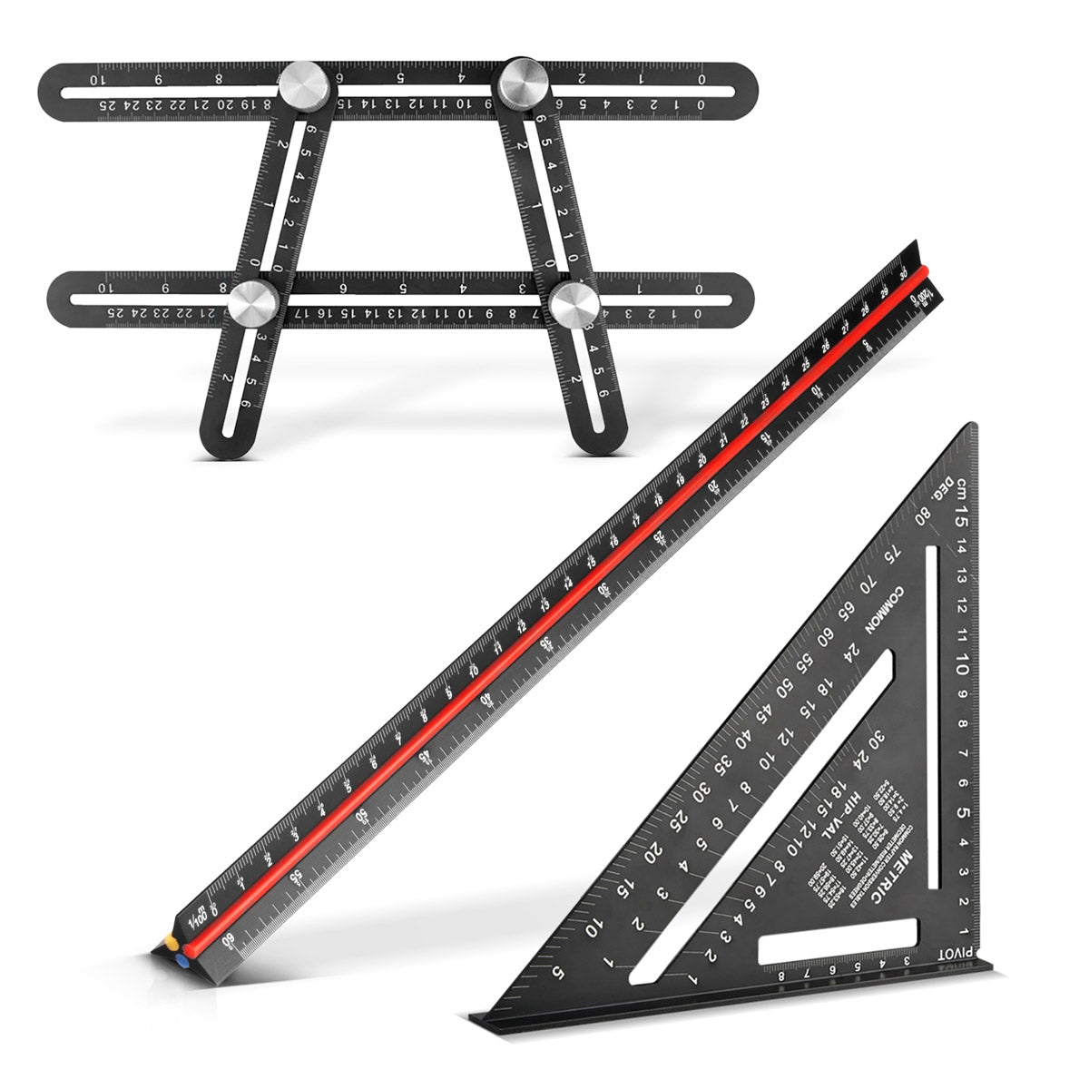 STAHLWERK ruler set with multi-angle measuring ruler, triangular ruler and angle triangle with stop for precise measuring, marking, marking and drawing