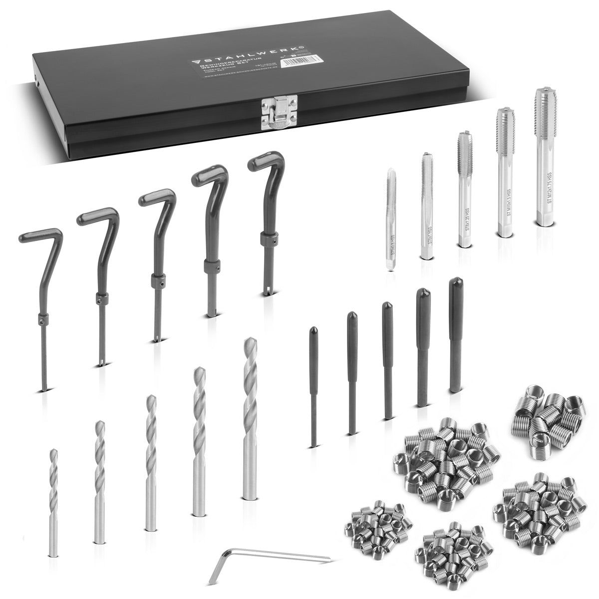 STAHLWERK Helicoil Gewinde-Reparatur-Set 131-teiliger Gewinde-Reparatur-Satz M5 M6 M8 M10 M12 Gewinde-Reparatur-Werkzeug mit Gewindebohrern, Bohrern, Brechwerkzeug, Einbauwerkzeug und Gewindeeinsätzen