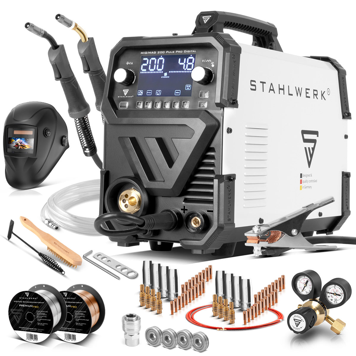 STAHLWERK MIG MAG 200 Spot Puls Pro Digital fully equipped inert gas welding machine | IGBT inverter 200 A | Synergic wire feeder | 4 roller drive | FLUX, Lift-TIG, MMA, CuSi | MIG pulse for aluminum