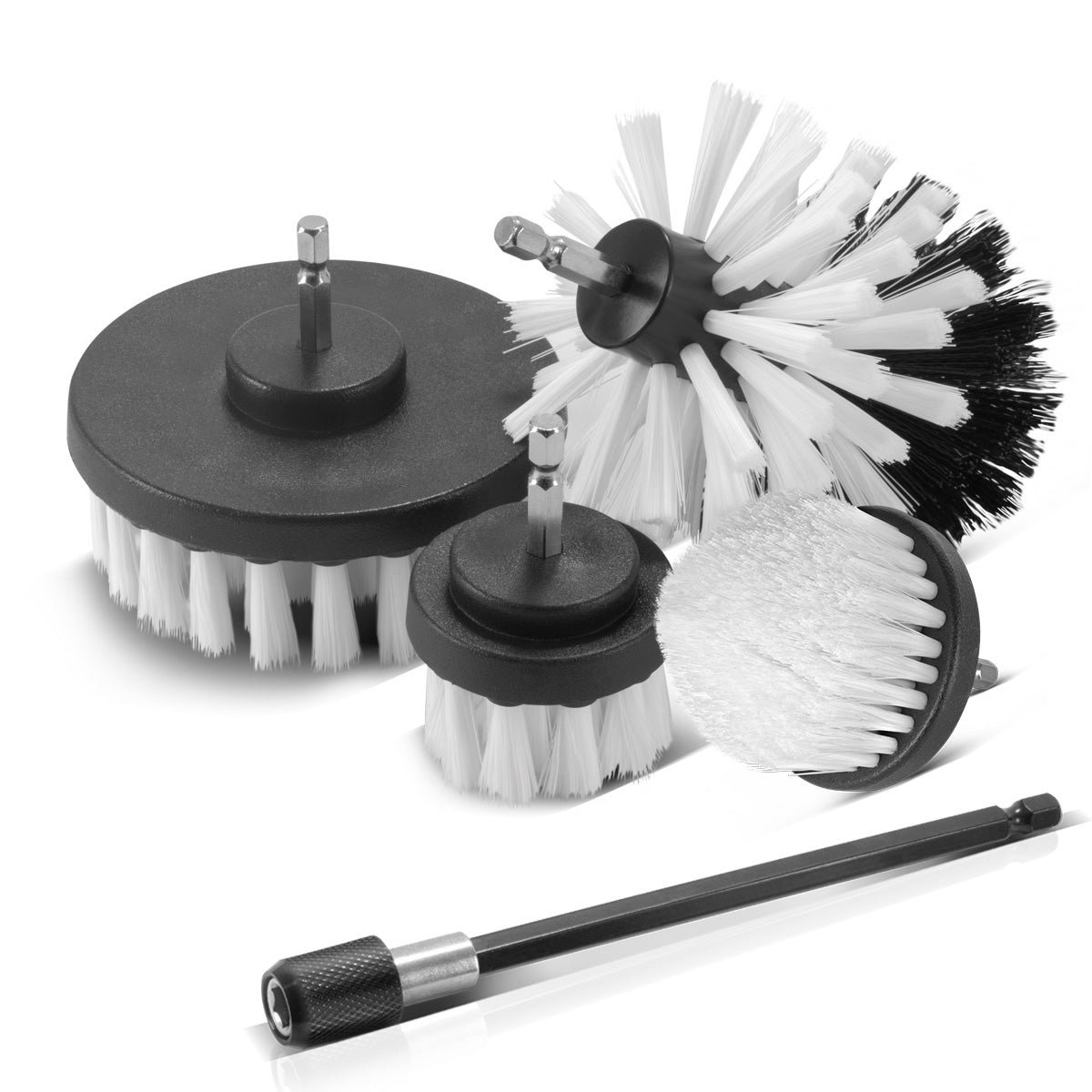 STAHLWERK Bürsten-Aufsatz 5er Set für Akkuschrauber und Bohrmaschinen, Reinigungs-, Polier- und Detailing-Bürsten mit Standard-Bit-Aufnahme inklusive Verlängerungs-Adapter