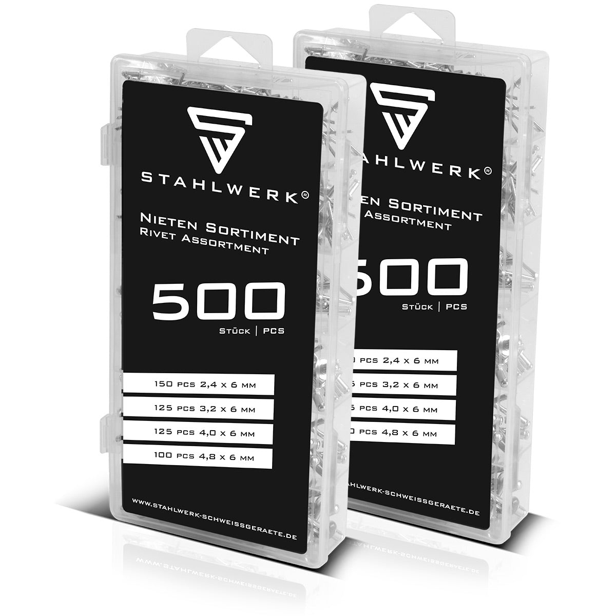 Assortiment de rivets STAHLWERK 1000 pièces | Jeu de rivets aveugles dans une boîte en plastique pratique Rivets en aluminium en 4 tailles différentes | Rivets pop à utiliser avec une pince à rivets