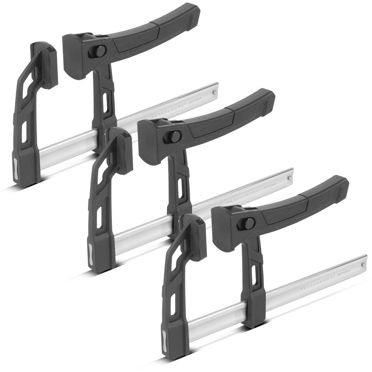 STAHLWERK 3 x pince à levier 80x100 mm | pince puissante avec une force de pression de 100 kg | Sauterelle pour une fixation précise des pièces | pince stable avec une largeur de serrage de 100 mm, profondeur de serrage de 80 mm