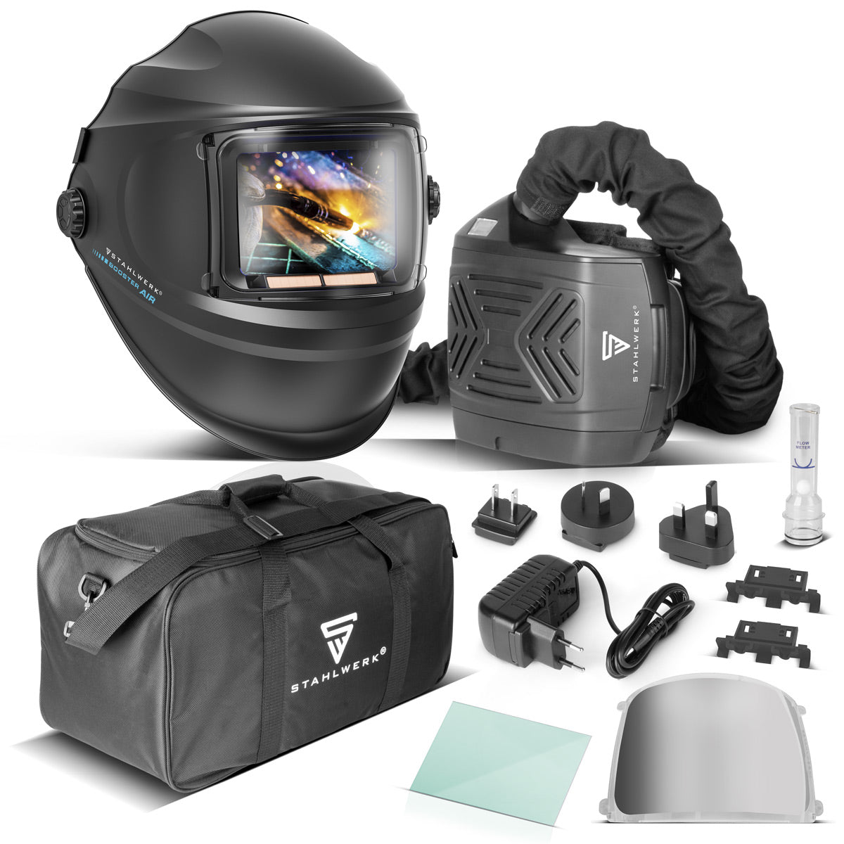STAHLWERK 3-in-1 automatic welding helmet BOOSTER AIR | Welding helmet with fresh air supply | PAPR system | True color reproduction | Job memory | Darkening DIN 4 to DIN 13 | Optical class 1/1/1/2