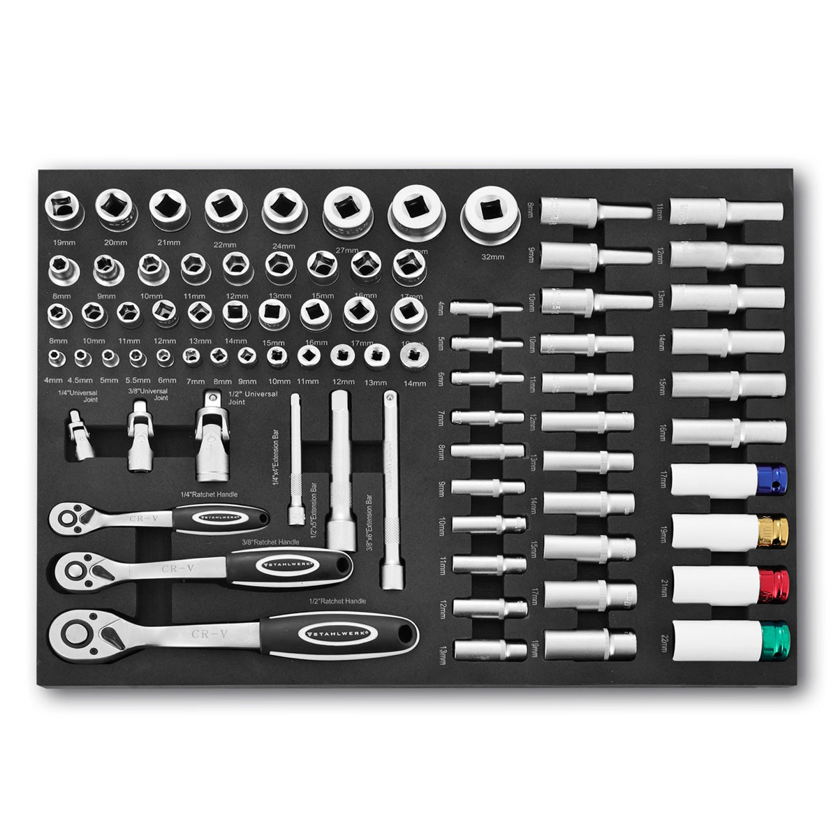 STAHLWERK 80-piece professional socket wrench set in workshop trolley insert | High quality CrV tool | Tool trolley insert | Perfect organization | Ratchet and ratchet set | 1/4", 3/8", 1/2"