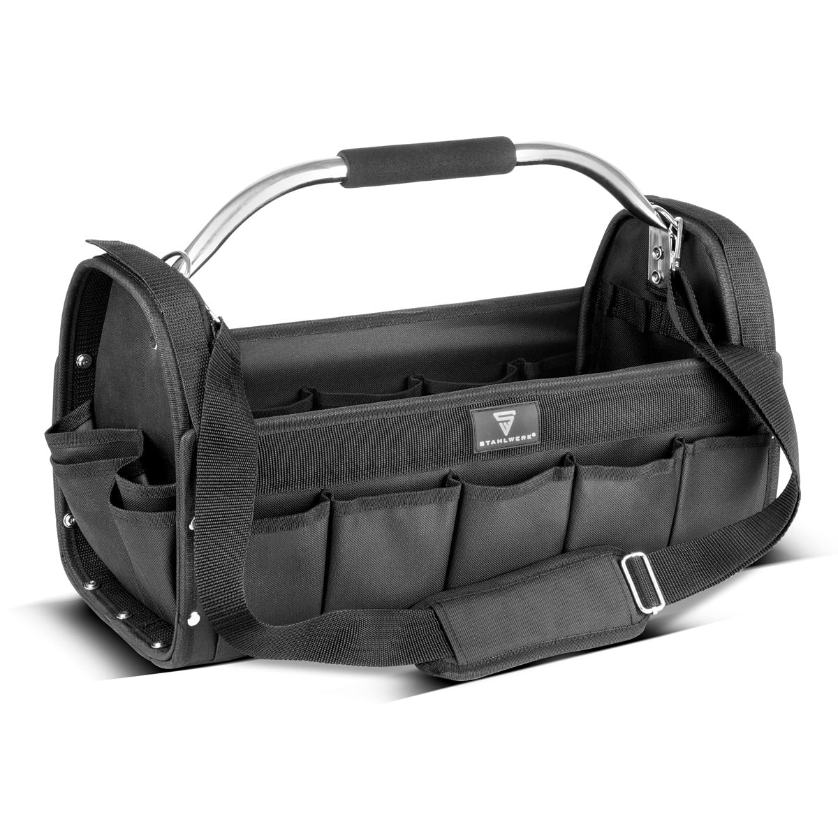 STAHLWERK tool bag | 18 outside and 10 inside pockets | Robust installer bag | Portable tool box | Assembly bag with carrying handle and shoulder strap | Durable polyester fabric