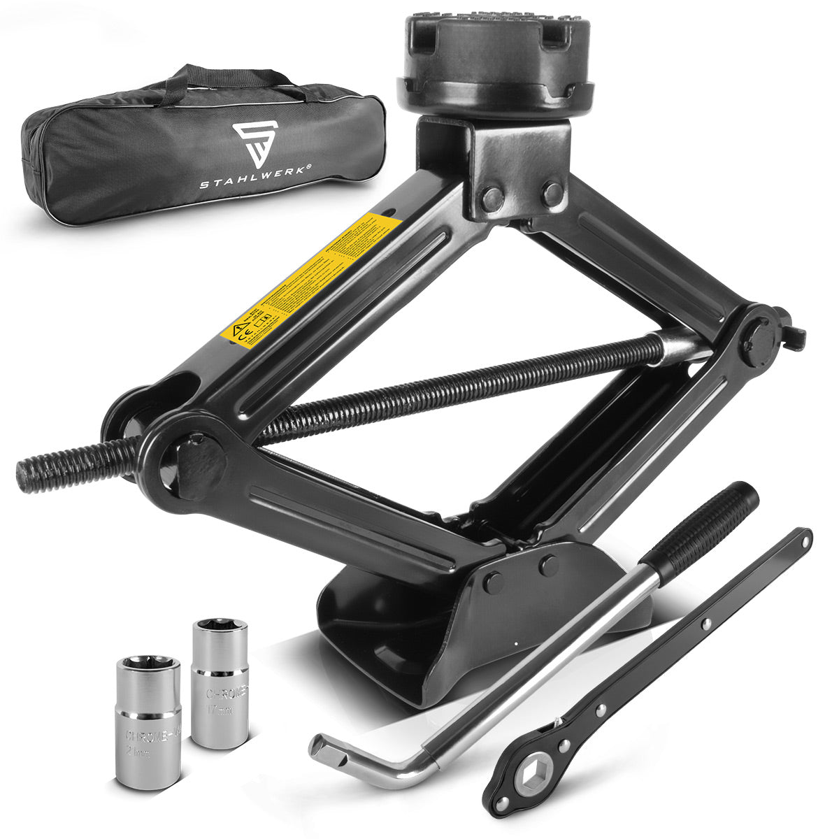 Gato para coche STAHLWERK SWH-2 ST | Gato de tijera | Capacidad de elevación de 2 toneladas | Llave para tuercas de rueda telescópica con vaso 17, 19 mm | Bolsa de transporte | Juego de gato compacto para cambio de neumáticos y taller.