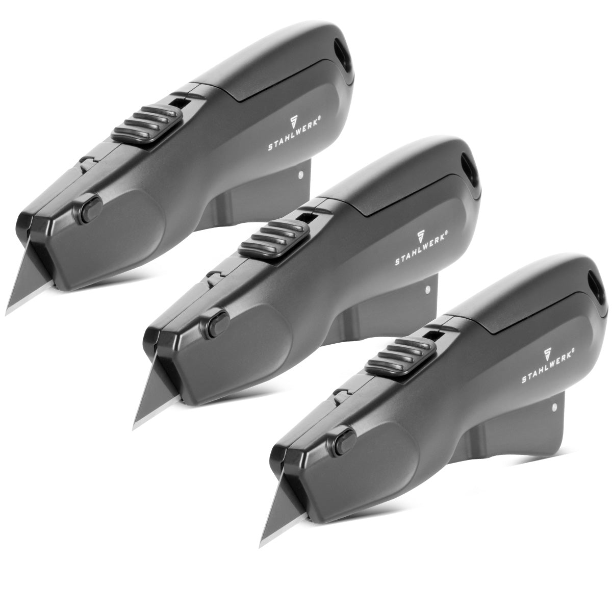 STAHLWERK cutter knife UCM-19 ST set of 3 with quick-change blade, automatic blade retraction and safety lock cutter | Carpet knife | Safety knife | Parcel knife | Box cutter