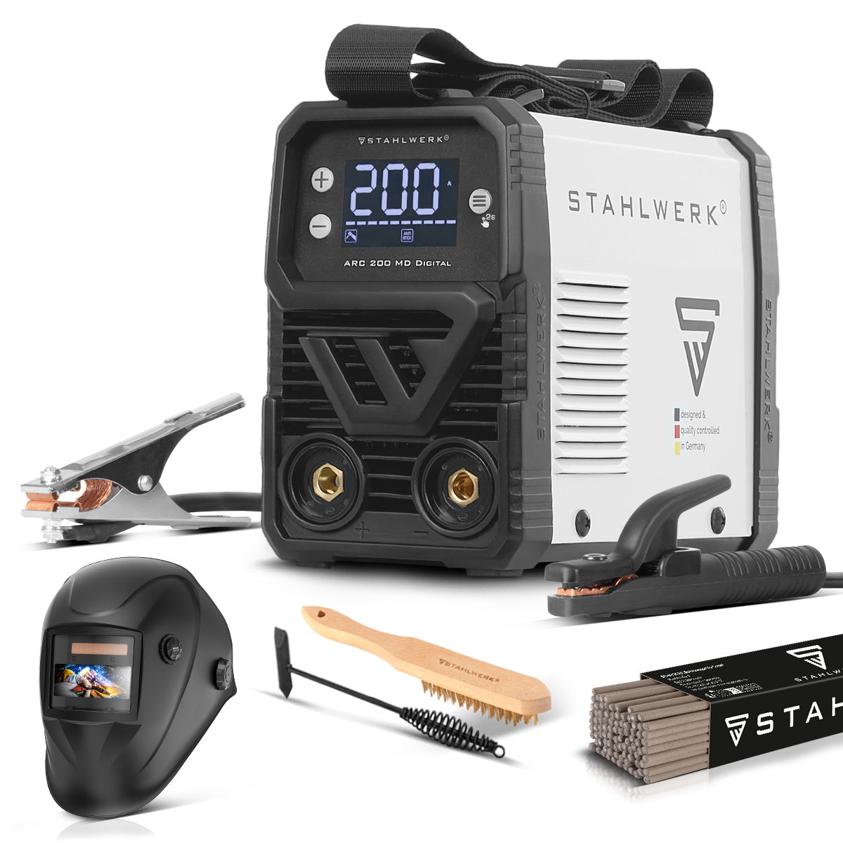 Saldatrice digitale ad elettrodo STAHLWERK ARC 200 MD Attrezzatura completa DC MMA / E-hand, lift-TIG | 200 Amp reali | Display digitale con menu | Hotstart, Anti-Stick, ARC Force, VRD | Raffreddamento intelligente | Tecnologia IGBT