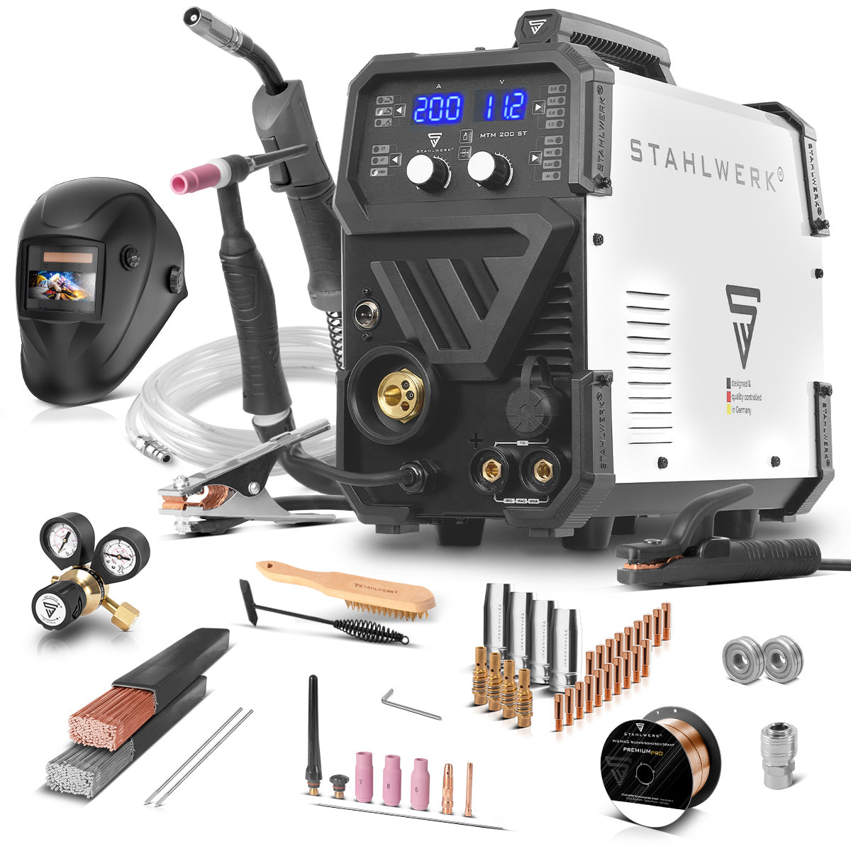 STAHLWERK MTM-200 ST 3-in-1 inert gas welding machine fully equipped | 200 A combination inverter for TIG, MIG/MAG, MMA, FLUX, CuSi3 soldering | HF ignition | Synergic wire feeder | VRD and Hotstart | 2-stroke / 4-stroke mode