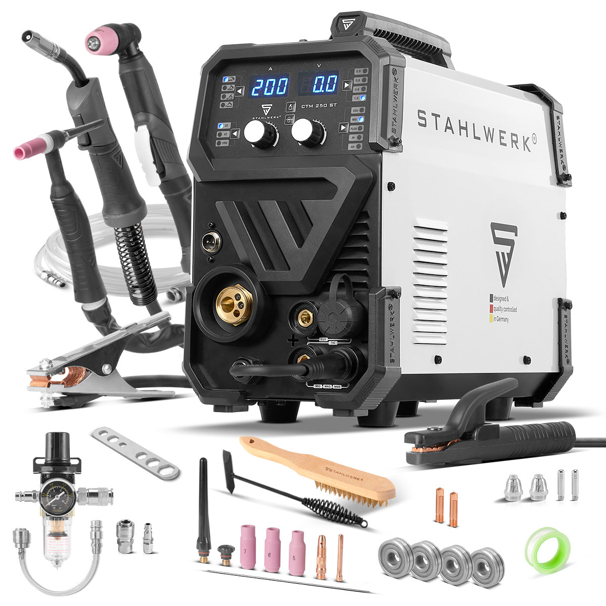Saldatrice combinata STAHLWERK CTM-250 ST TIG + MIG/MAG + MMA/ARC + CUT/Plasma con funzione plasma da 200 A e 45 A