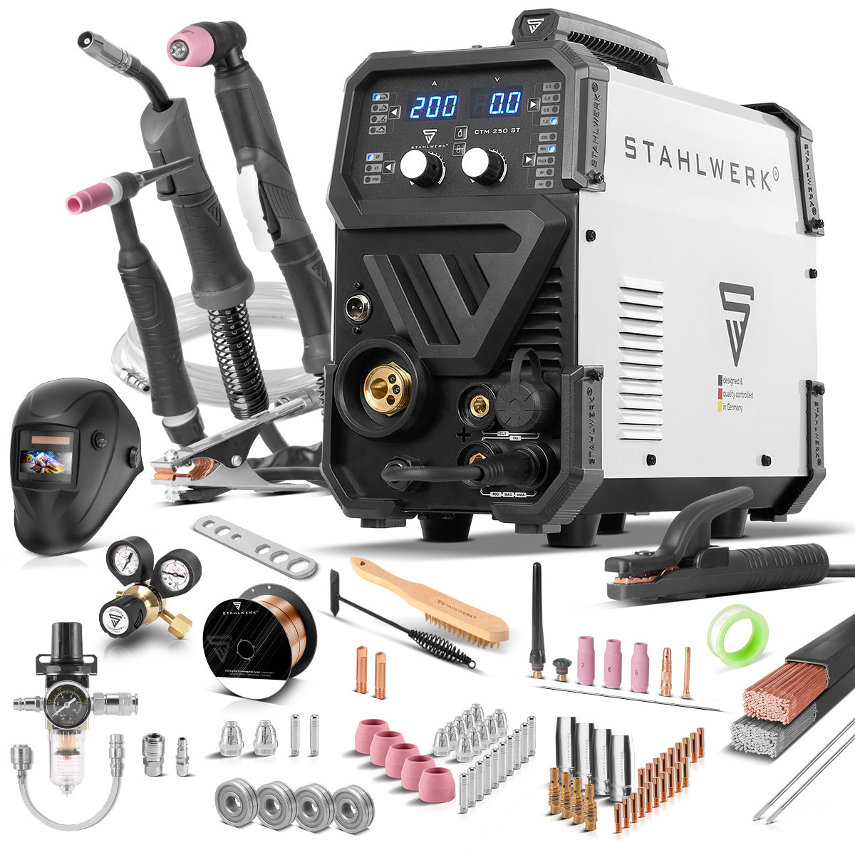 Saldatrice combinata STAHLWERK CTM-250 ST completamente equipaggiata con TIG + MIG/MAG + MMA/ARC + CUT/Plasma con funzione plasma da 200 A e 45 A