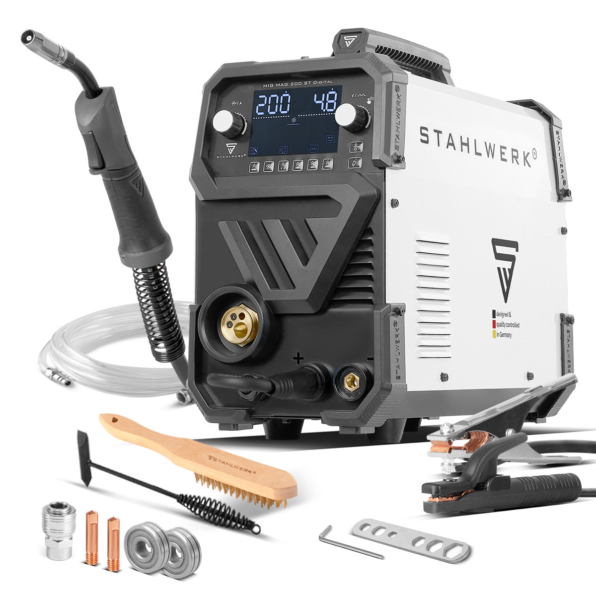 STAHLWERK welding machine MIG MAG 200 ST digital inert gas welding machine | Inverter with 200 A, spot function, synergic wire feed, FLUX and MMA | ARC function