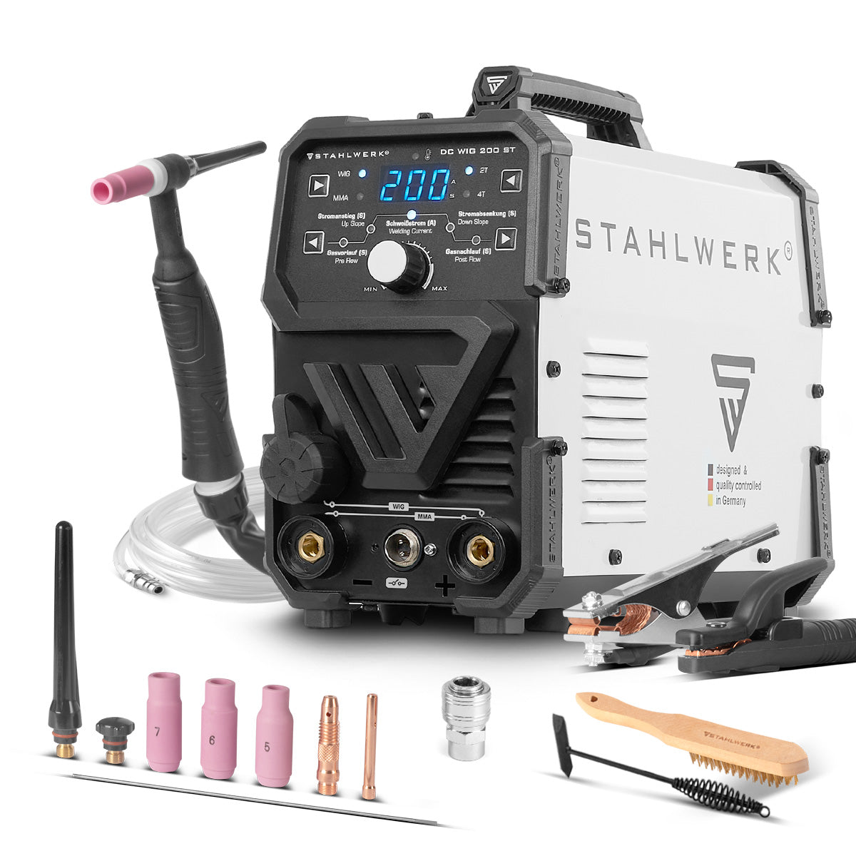 STAHLWERK DC TIG 200 ST | Soldadora combinada 2 en 1 | MMA TIG | 200 amperios | Encendido HF, arranque en caliente, antiadherente | Para acero, acero inoxidable, cobre, latón | No apto para aluminio.