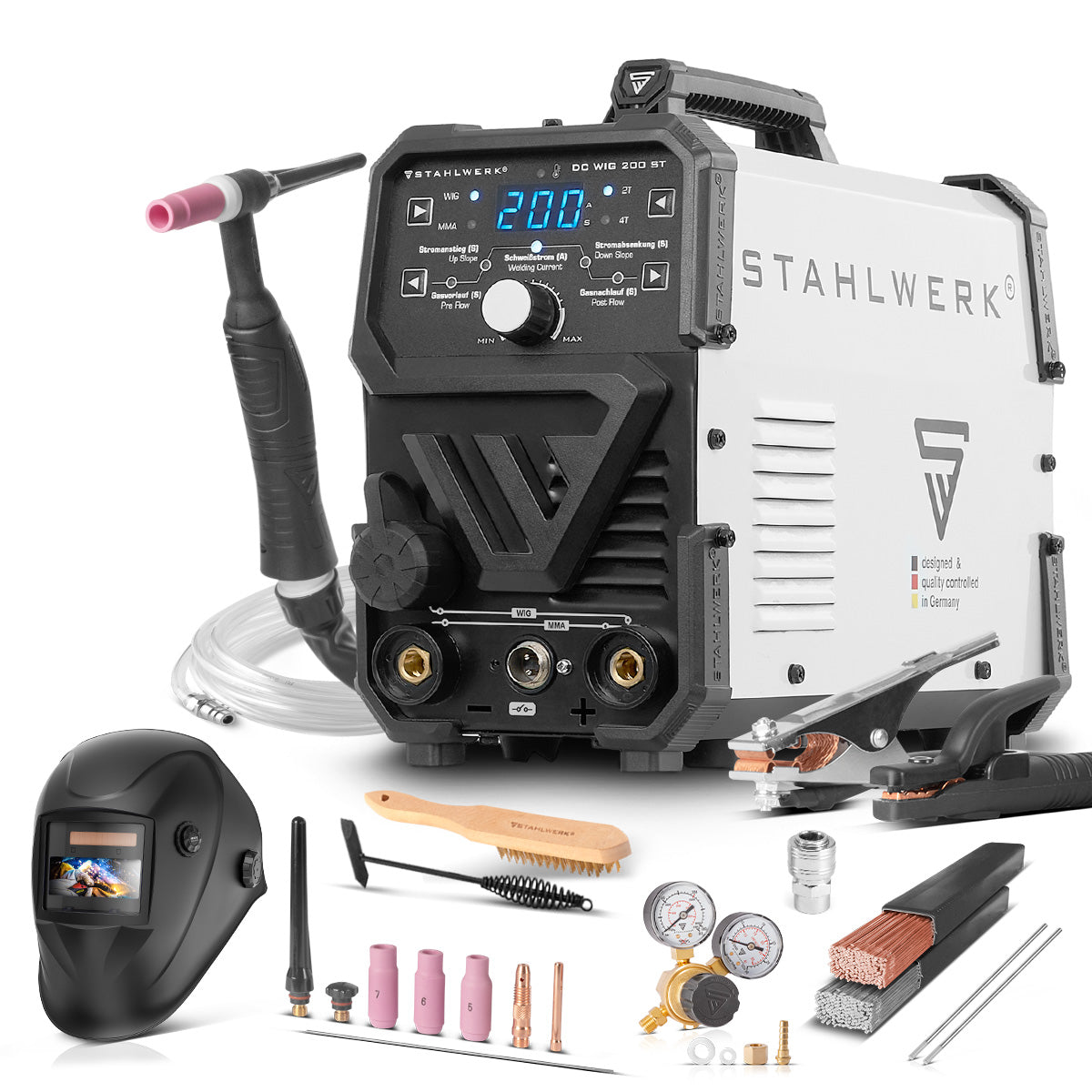 STAHLWERK DC TIG 200 ST - ensemble complet d'équipement - poste à souder TIG combiné avec 200 A et MMA, soudage de l'acier, de l'acier inoxydable et bien plus encore. (pas de soudure ALU)