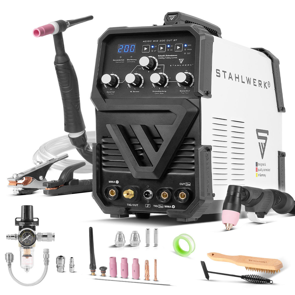 STAHLWERK welding machine AC/DC TIG 200 CUT ST - combination 200 A TIG MMA welding machine with 45 A CUT plasma cutter, suitable for aluminum