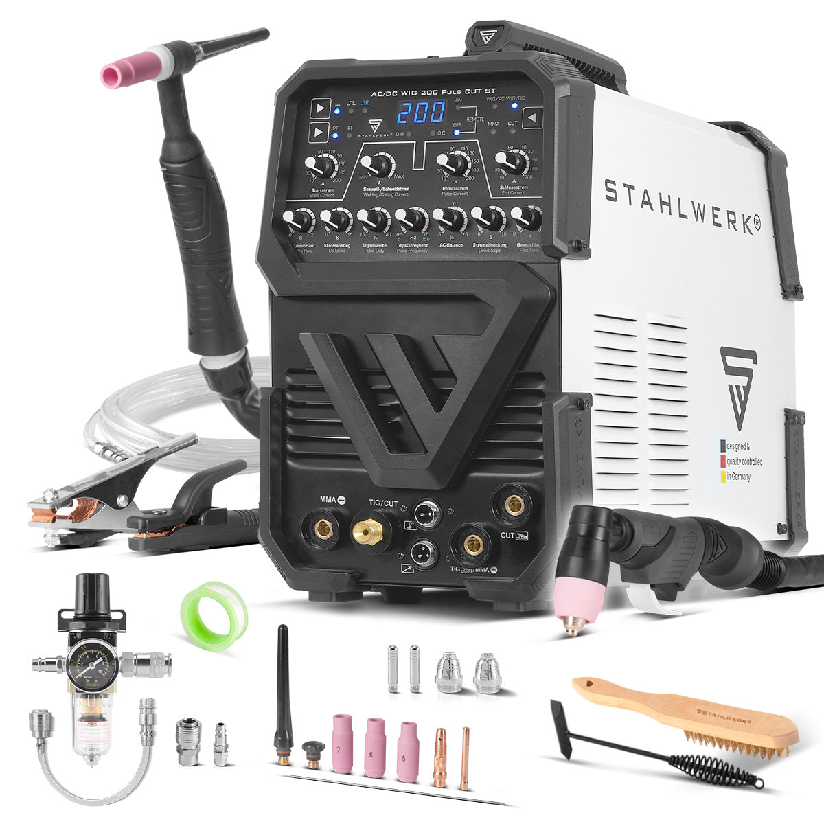 STAHLWERK welding machine AC/DC TIG 200 Puls CUT ST with 200 A TIG & MMA, suitable for aluminum & thin sheet metal, combination device with 45 A CUT function