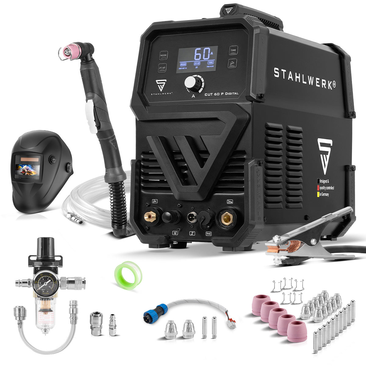 STAHLWERK Plasmaschneider CUT 60 P Digital Vollausstattung | 60 A Inverter-Plasmaschneider | HF-Pilotzündung | Digitalanzeige | THC-Schnittstelle für CNC | Schneidleistung bis 20 mm | Plasma Cutter mit 2T/4T-Funktion