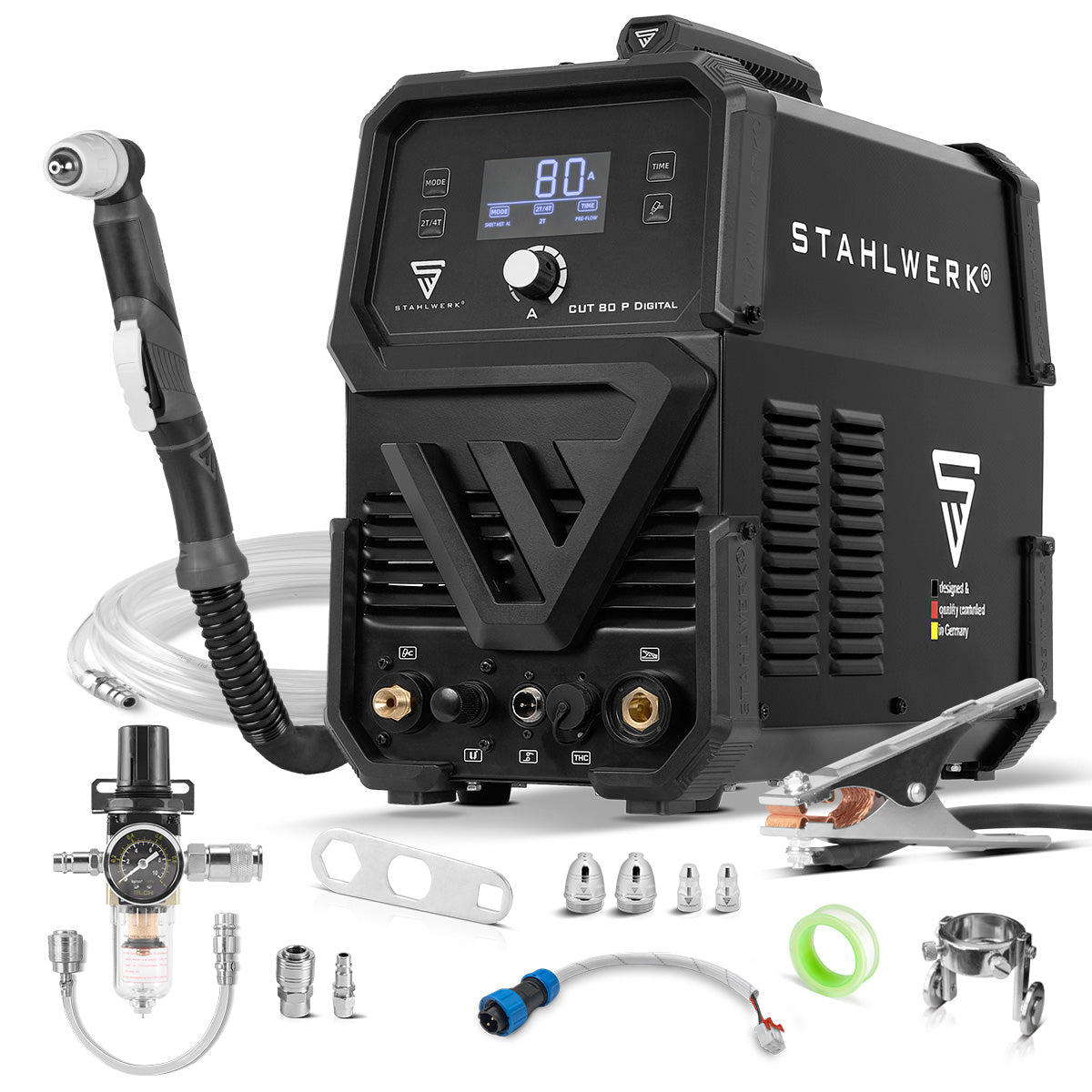 STAHLWERK Plasmaschneider CUT 80 P Digital | 80 A Inverter-Plasmaschneider | HF-Pilotzündung | Digitalanzeige | THC-Schnittstelle für CNC | Schneidleistung bis 25 mm | Plasma Cutter mit 2T/4T-Funktion