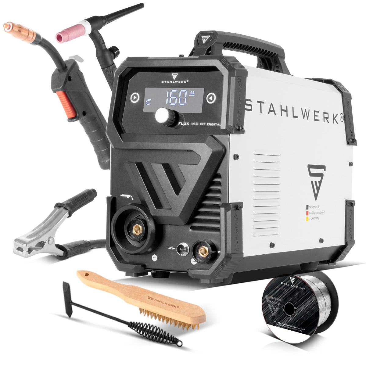 STAHLWERK FLUX 160 ST Numérique | Kit de démarrage Lift TIG | Onduleur à fil fourré 3 en 1 160 A | Torche Tig à levage universel WP-17V | Machine à souder combinée pour FLUX, MMA, Lift-TIG | Soudage sans gaz de protection