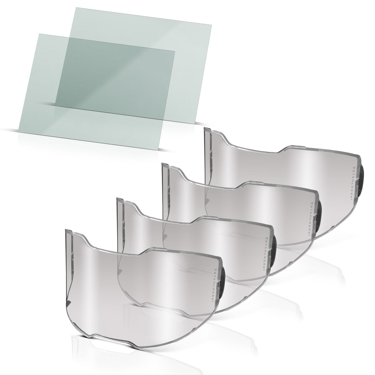 Lentes de repuesto para casco de soldadura STAHLWERK, juego de 6 lentes de repuesto por dentro y por fuera Vidrio de protección para soldadura | Lente de visera | Gafas protectoras EN ISO 16321 para casco de soldadura totalmente automático SPLIT