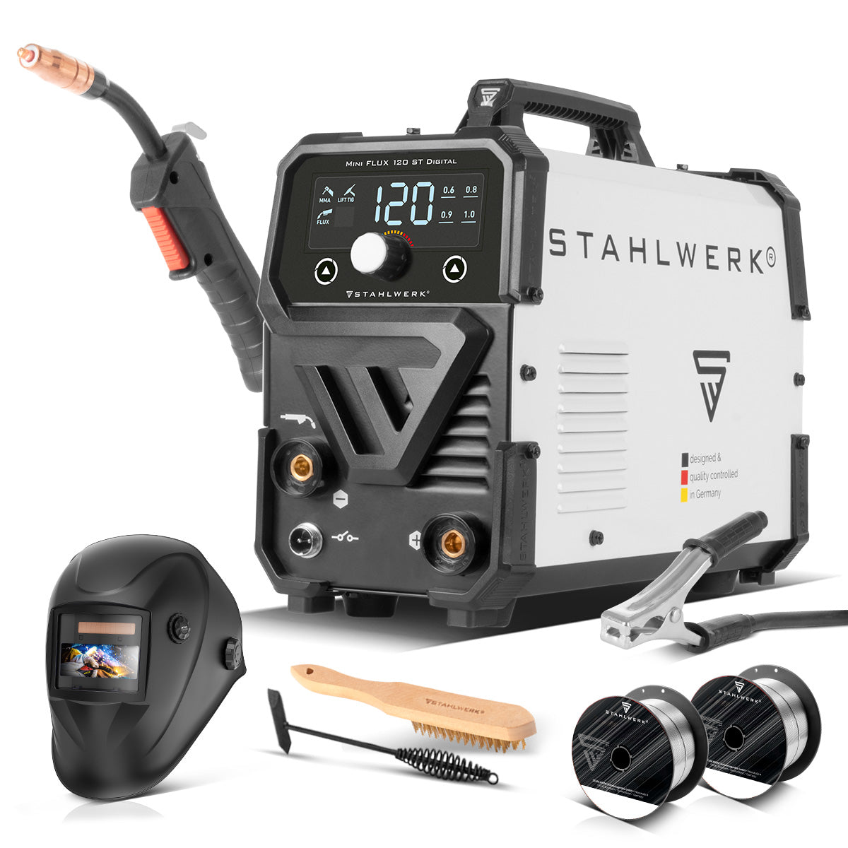 STAHLWERK Schweißgerät Mini FLUX 120 ST Digital mit 120 A Vollausstattung, synergischem Drahtvorschub, Lift-TIG und ARC/MMA Funktion zum Schweißen ohne Schutzgas