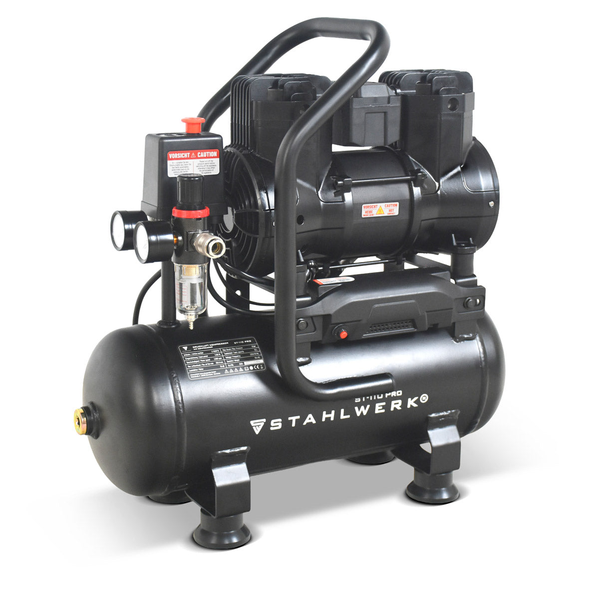STAHLWERK Kompressor ST-110 Pro mit 8 bar | 1,97 PS | 1,45 kW | 250 l/min | 10 l Tank ölfreier Druckluft-Kompressor | Kolben-Kompressor | Silent-Kompressor | Flüster-Kompressor mit Brushless-Motoren