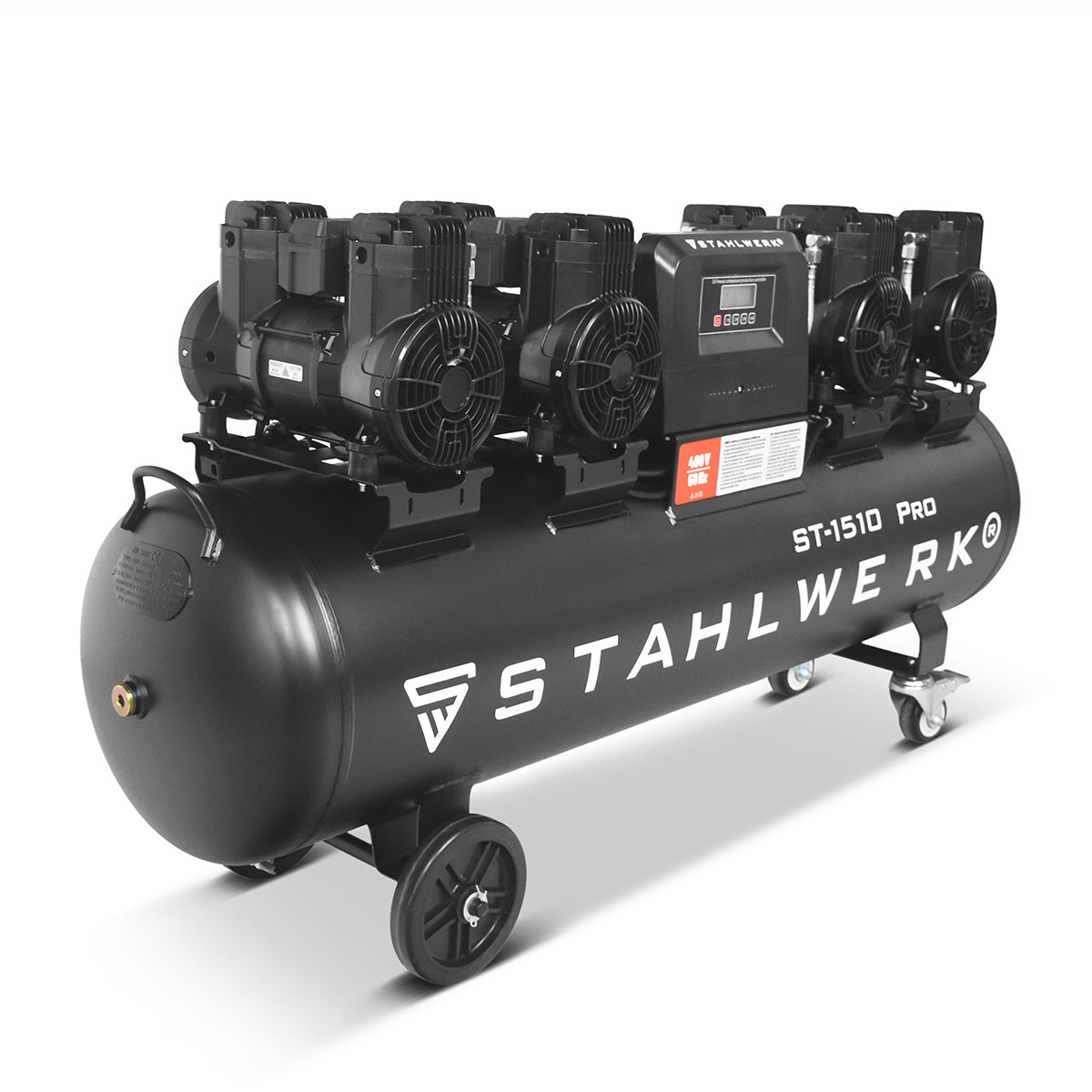 Compresseur STAHLWERK ST-1510 Pro avec 10 bars | 7,89 ch | 5,80 kW | 1000 l/min | Compresseur d'air comprimé sans huile avec réservoir de 150 L | Compresseur à pistons | Compresseur silencieux | Compresseur silencieux avec moteurs sans balais