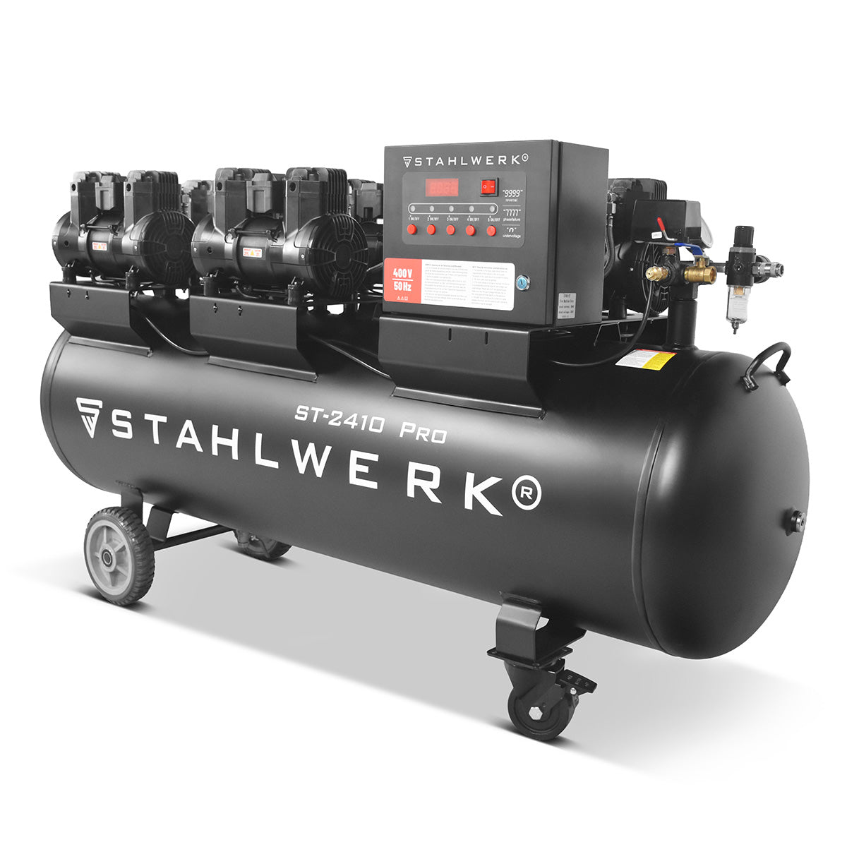 STAHLWERK Kompressor ST-2410 Pro mit 10 bar | 9,86 PS | 7,25 kW | 1250 l/min | 240 L Tank ölfreier Druckluft-Kompressor | Kolben-Kompressor | Silent-Kompressor | Flüster-Kompressor mit Brushless-Motoren
